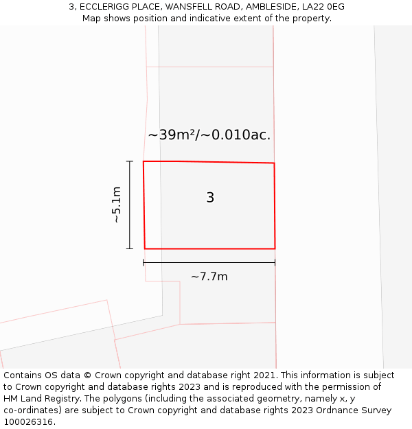 3, ECCLERIGG PLACE, WANSFELL ROAD, AMBLESIDE, LA22 0EG: Plot and title map