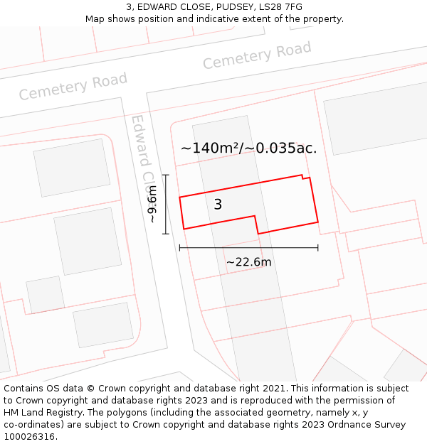 3, EDWARD CLOSE, PUDSEY, LS28 7FG: Plot and title map