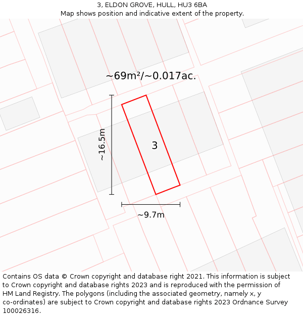 3, ELDON GROVE, HULL, HU3 6BA: Plot and title map