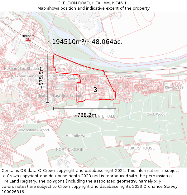 3, ELDON ROAD, HEXHAM, NE46 1LJ: Plot and title map