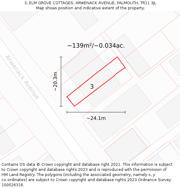3, ELM GROVE COTTAGES, ARWENACK AVENUE, FALMOUTH, TR11 3JL: Plot and title map