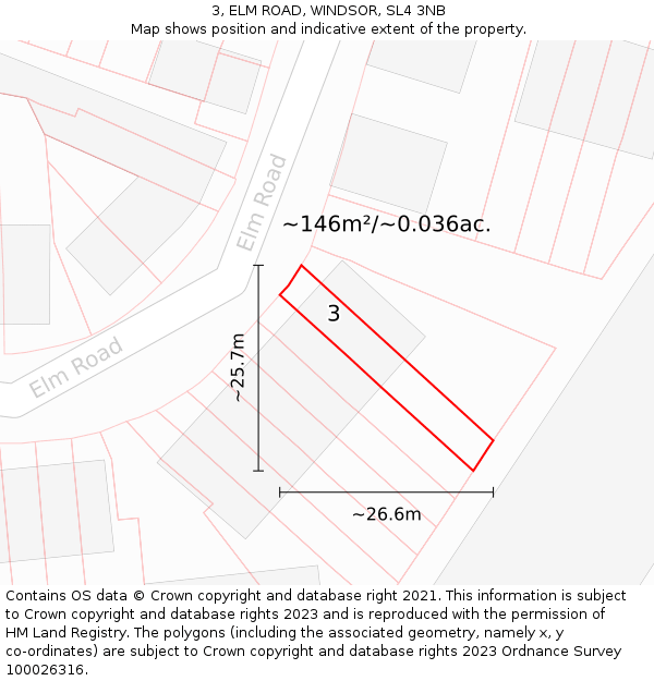 3, ELM ROAD, WINDSOR, SL4 3NB: Plot and title map