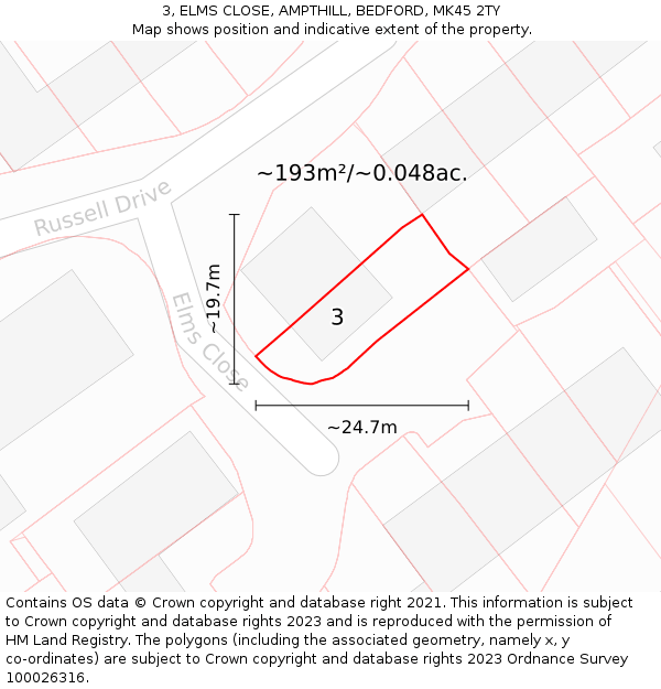 3, ELMS CLOSE, AMPTHILL, BEDFORD, MK45 2TY: Plot and title map