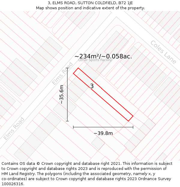 3, ELMS ROAD, SUTTON COLDFIELD, B72 1JE: Plot and title map