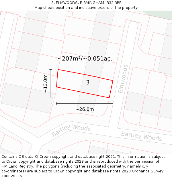 3, ELMWOODS, BIRMINGHAM, B32 3RF: Plot and title map