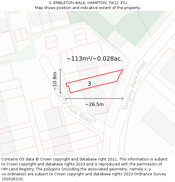 3, EMBLETON WALK, HAMPTON, TW12 3YU: Plot and title map