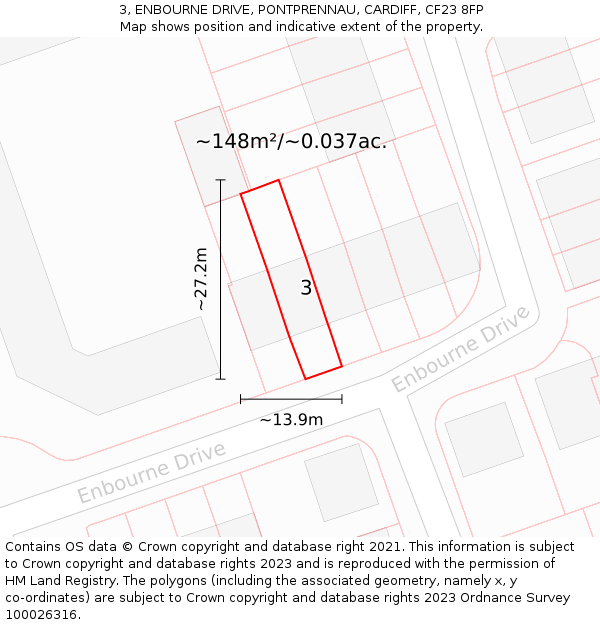 3, ENBOURNE DRIVE, PONTPRENNAU, CARDIFF, CF23 8FP: Plot and title map