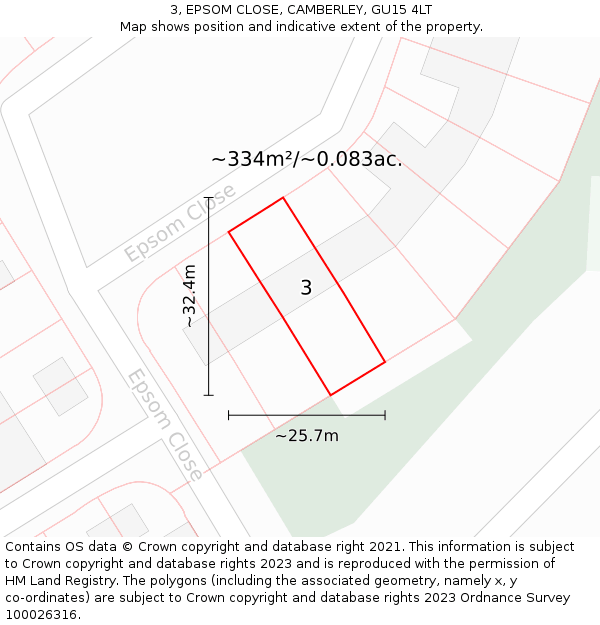 3, EPSOM CLOSE, CAMBERLEY, GU15 4LT: Plot and title map