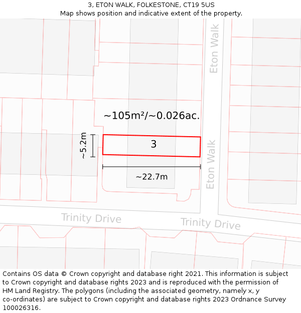 3, ETON WALK, FOLKESTONE, CT19 5US: Plot and title map