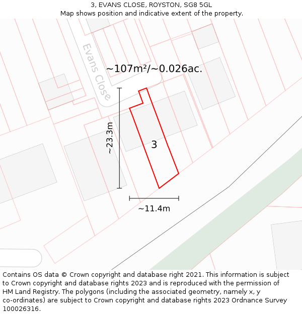 3, EVANS CLOSE, ROYSTON, SG8 5GL: Plot and title map