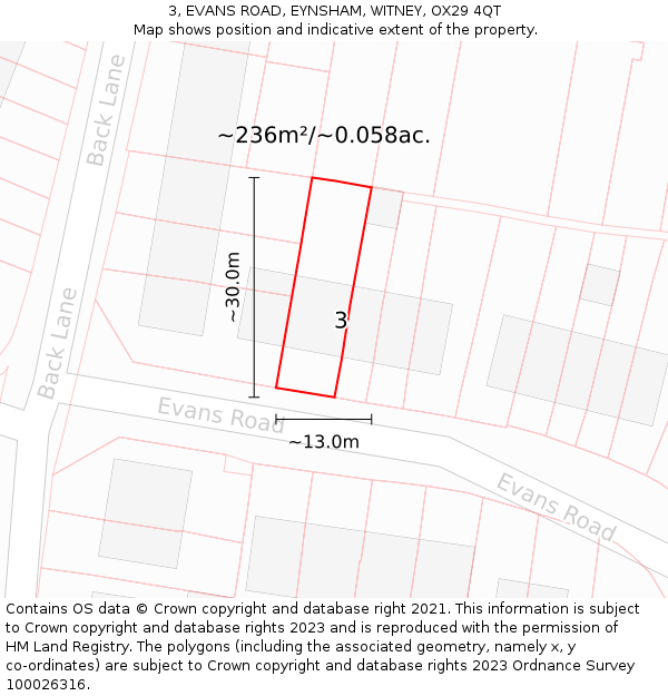 3, EVANS ROAD, EYNSHAM, WITNEY, OX29 4QT: Plot and title map