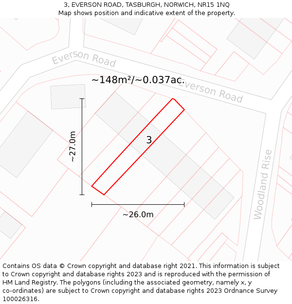 3, EVERSON ROAD, TASBURGH, NORWICH, NR15 1NQ: Plot and title map