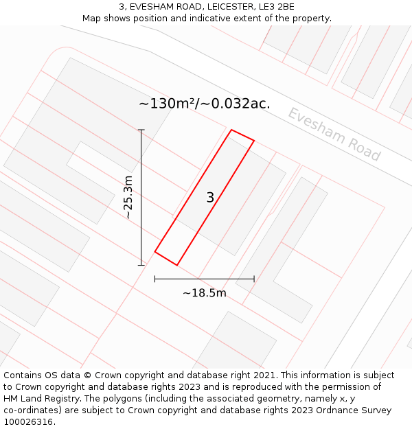 3, EVESHAM ROAD, LEICESTER, LE3 2BE: Plot and title map