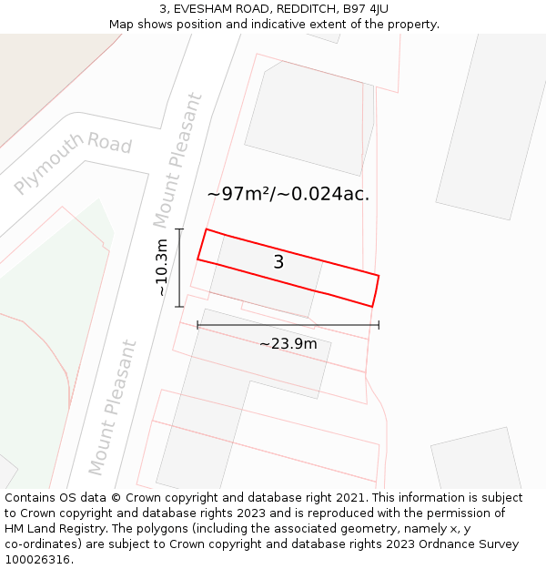 3, EVESHAM ROAD, REDDITCH, B97 4JU: Plot and title map