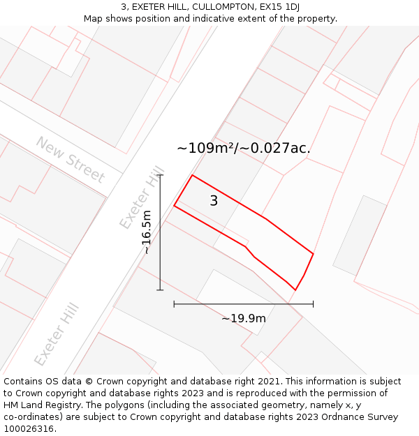 3, EXETER HILL, CULLOMPTON, EX15 1DJ: Plot and title map