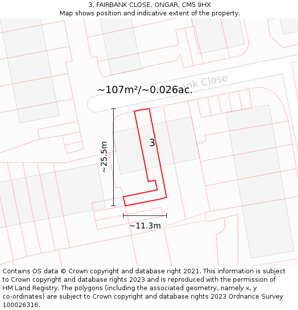 3, FAIRBANK CLOSE, ONGAR, CM5 9HX: Plot and title map