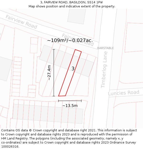 3, FAIRVIEW ROAD, BASILDON, SS14 1PW: Plot and title map