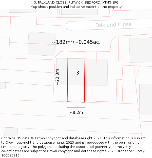 3, FALKLAND CLOSE, FLITWICK, BEDFORD, MK45 1FG: Plot and title map