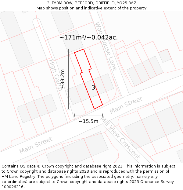 3, FARM ROW, BEEFORD, DRIFFIELD, YO25 8AZ: Plot and title map