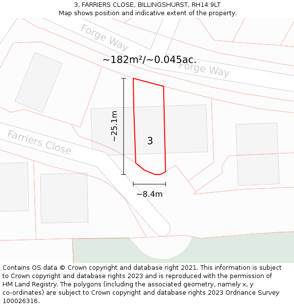3, FARRIERS CLOSE, BILLINGSHURST, RH14 9LT: Plot and title map
