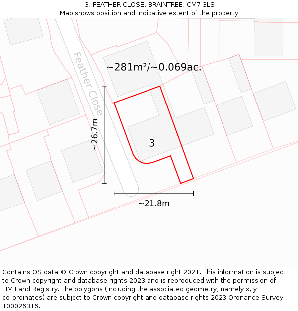 3, FEATHER CLOSE, BRAINTREE, CM7 3LS: Plot and title map