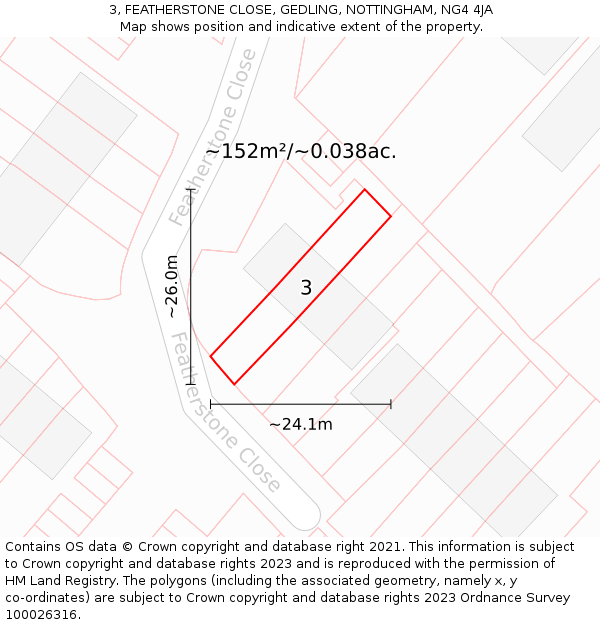 3, FEATHERSTONE CLOSE, GEDLING, NOTTINGHAM, NG4 4JA: Plot and title map