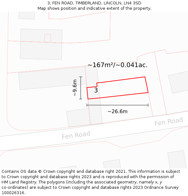 3, FEN ROAD, TIMBERLAND, LINCOLN, LN4 3SD: Plot and title map