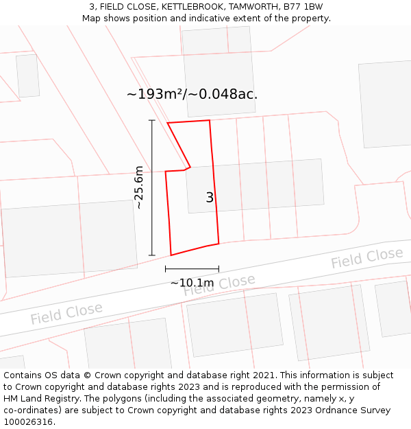 3, FIELD CLOSE, KETTLEBROOK, TAMWORTH, B77 1BW: Plot and title map