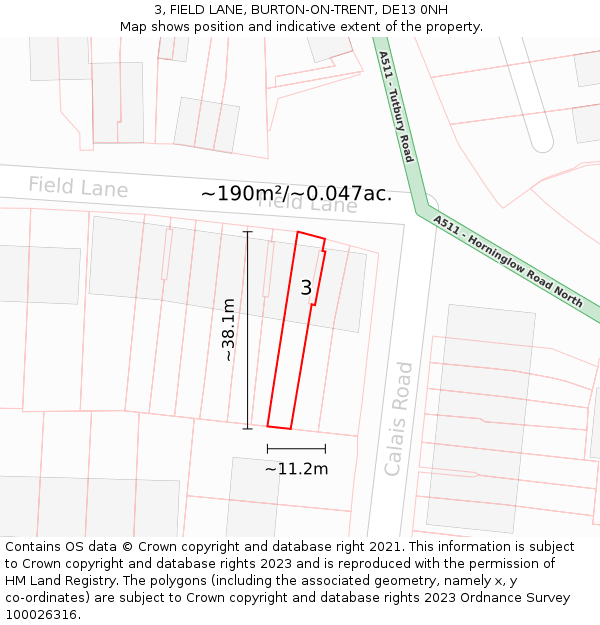 3, FIELD LANE, BURTON-ON-TRENT, DE13 0NH: Plot and title map