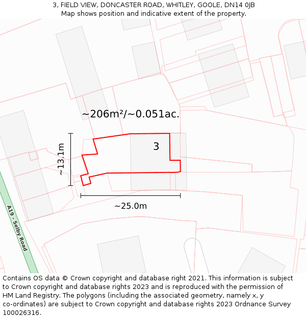 3, FIELD VIEW, DONCASTER ROAD, WHITLEY, GOOLE, DN14 0JB: Plot and title map