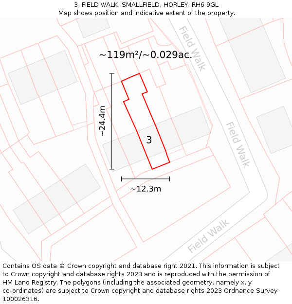 3, FIELD WALK, SMALLFIELD, HORLEY, RH6 9GL: Plot and title map