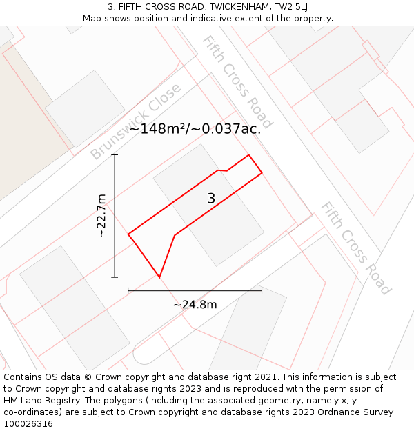 3, FIFTH CROSS ROAD, TWICKENHAM, TW2 5LJ: Plot and title map