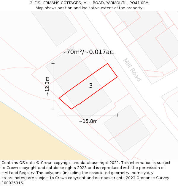 3, FISHERMANS COTTAGES, MILL ROAD, YARMOUTH, PO41 0RA: Plot and title map
