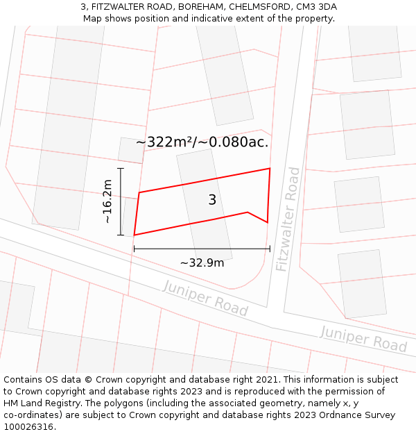 3, FITZWALTER ROAD, BOREHAM, CHELMSFORD, CM3 3DA: Plot and title map