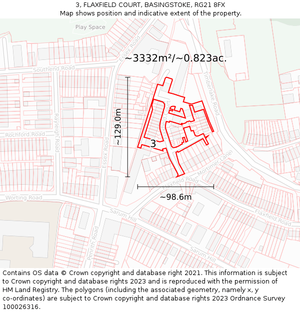 3, FLAXFIELD COURT, BASINGSTOKE, RG21 8FX: Plot and title map