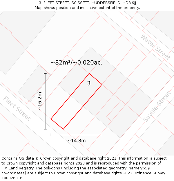 3, FLEET STREET, SCISSETT, HUDDERSFIELD, HD8 9JJ: Plot and title map