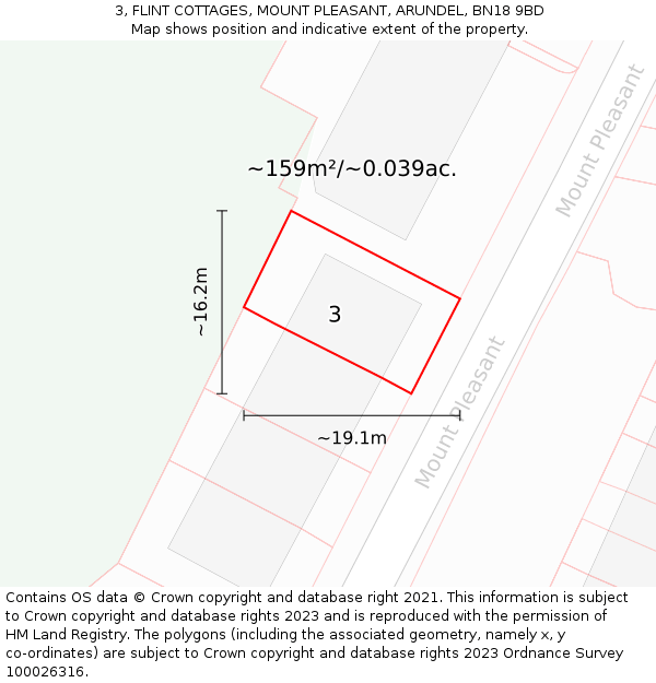 3, FLINT COTTAGES, MOUNT PLEASANT, ARUNDEL, BN18 9BD: Plot and title map