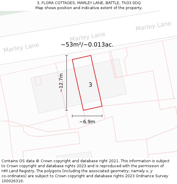 3, FLORA COTTAGES, MARLEY LANE, BATTLE, TN33 0DQ: Plot and title map