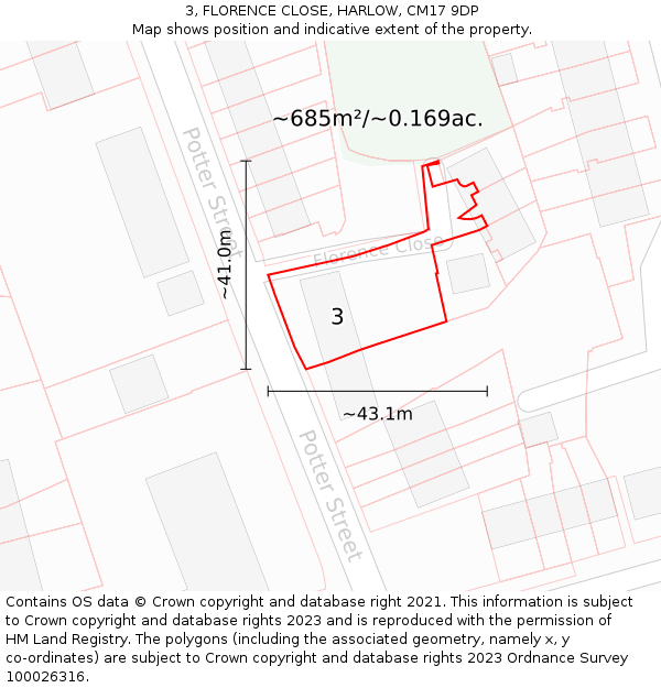 3, FLORENCE CLOSE, HARLOW, CM17 9DP: Plot and title map