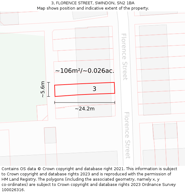 3, FLORENCE STREET, SWINDON, SN2 1BA: Plot and title map