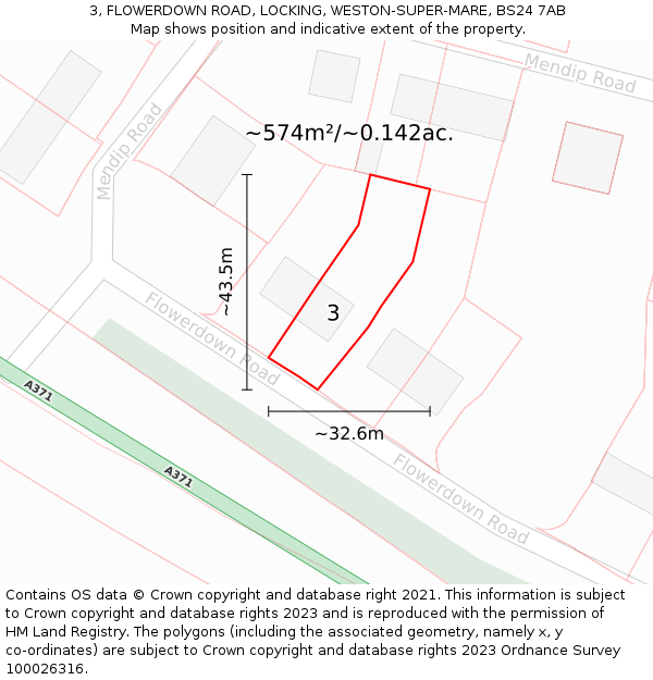 3, FLOWERDOWN ROAD, LOCKING, WESTON-SUPER-MARE, BS24 7AB: Plot and title map