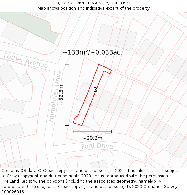 3, FORD DRIVE, BRACKLEY, NN13 6BD: Plot and title map
