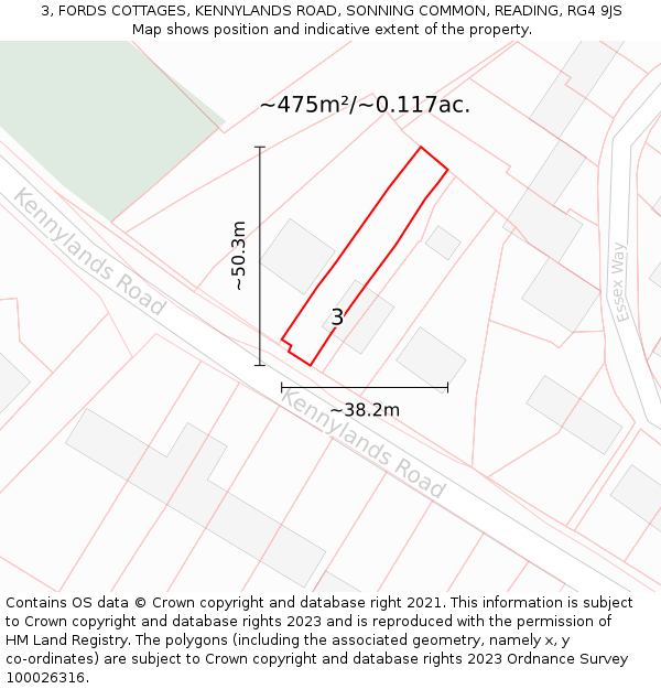 3, FORDS COTTAGES, KENNYLANDS ROAD, SONNING COMMON, READING, RG4 9JS: Plot and title map
