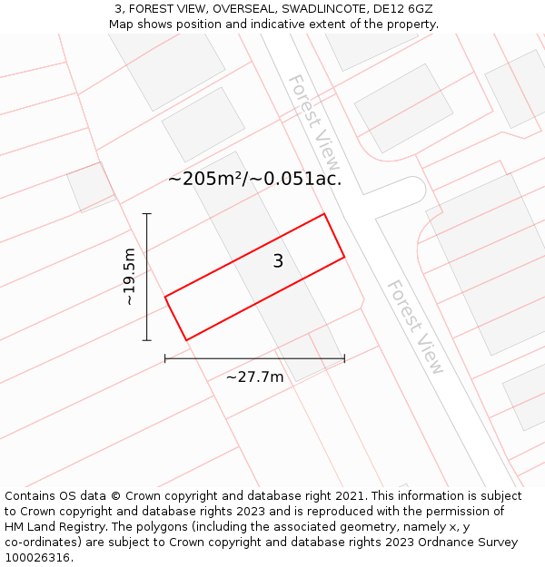 3, FOREST VIEW, OVERSEAL, SWADLINCOTE, DE12 6GZ: Plot and title map