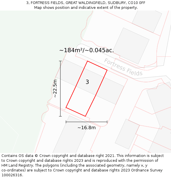 3, FORTRESS FIELDS, GREAT WALDINGFIELD, SUDBURY, CO10 0FF: Plot and title map