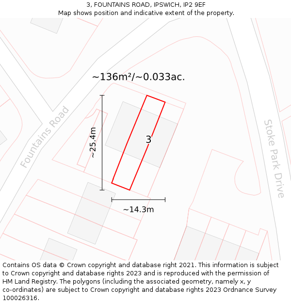 3, FOUNTAINS ROAD, IPSWICH, IP2 9EF: Plot and title map