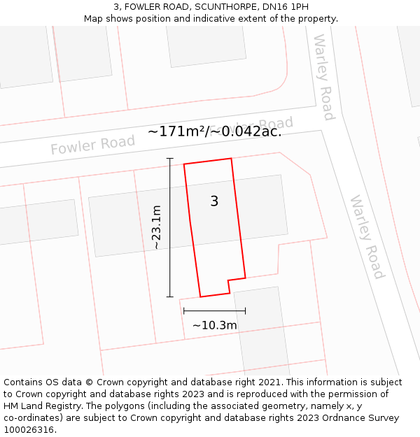 3, FOWLER ROAD, SCUNTHORPE, DN16 1PH: Plot and title map