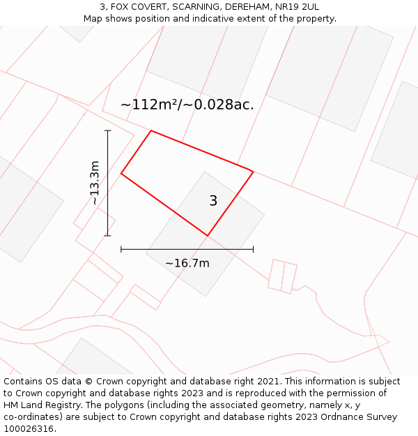 3, FOX COVERT, SCARNING, DEREHAM, NR19 2UL: Plot and title map