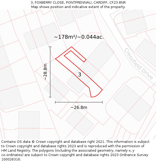 3, FOXBERRY CLOSE, PONTPRENNAU, CARDIFF, CF23 8NR: Plot and title map