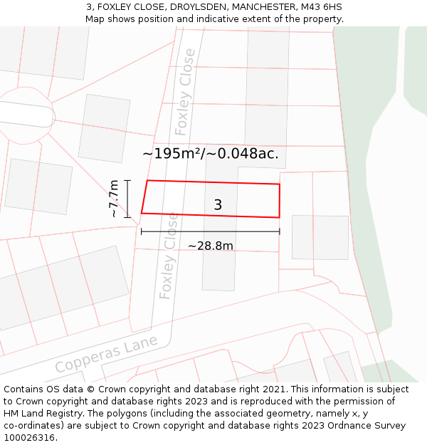 3, FOXLEY CLOSE, DROYLSDEN, MANCHESTER, M43 6HS: Plot and title map